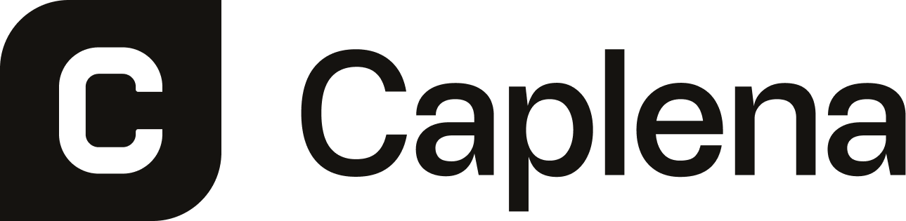 Caplena’s horizontal logo. On the left a black shape with a capital “C” in white in the center of the shape. To the right of the shape the company name written out in black.