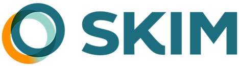 SKIM’s logo. Two circles placed on top of each other with a dark blue circle more above the blue and orange circle. SKIM is written in blue all caps text to the left.