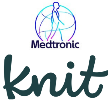 The Medtronic logo. Blue and purple swirling circle with an outline of human above the word Medtronic in black text. Below is the Knit logo in green letters.