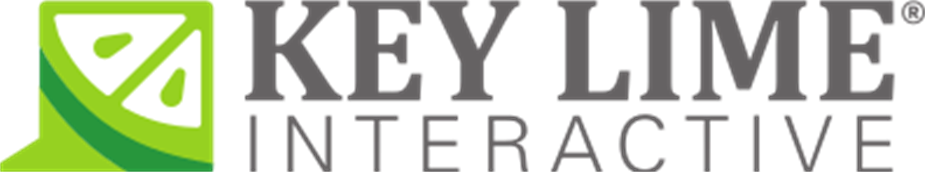 Key Lime Interactive logo. A green and white lime slice shaped like a speech bubble to the far left of the horizontal logo. The words Key Lime in all caps, bold and gray text above the word Interactive in all caps, gray, regular text.