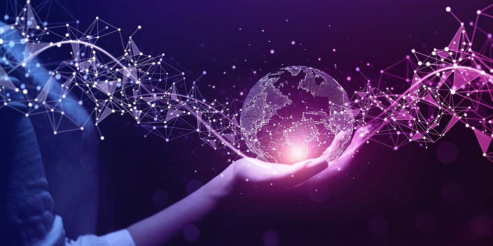 Person Holding Globe Tech Imagery Over Purple Hue