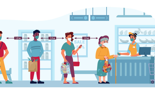 Store And People In Masks, Social Distance Queue In Grocery Supermarket Copy