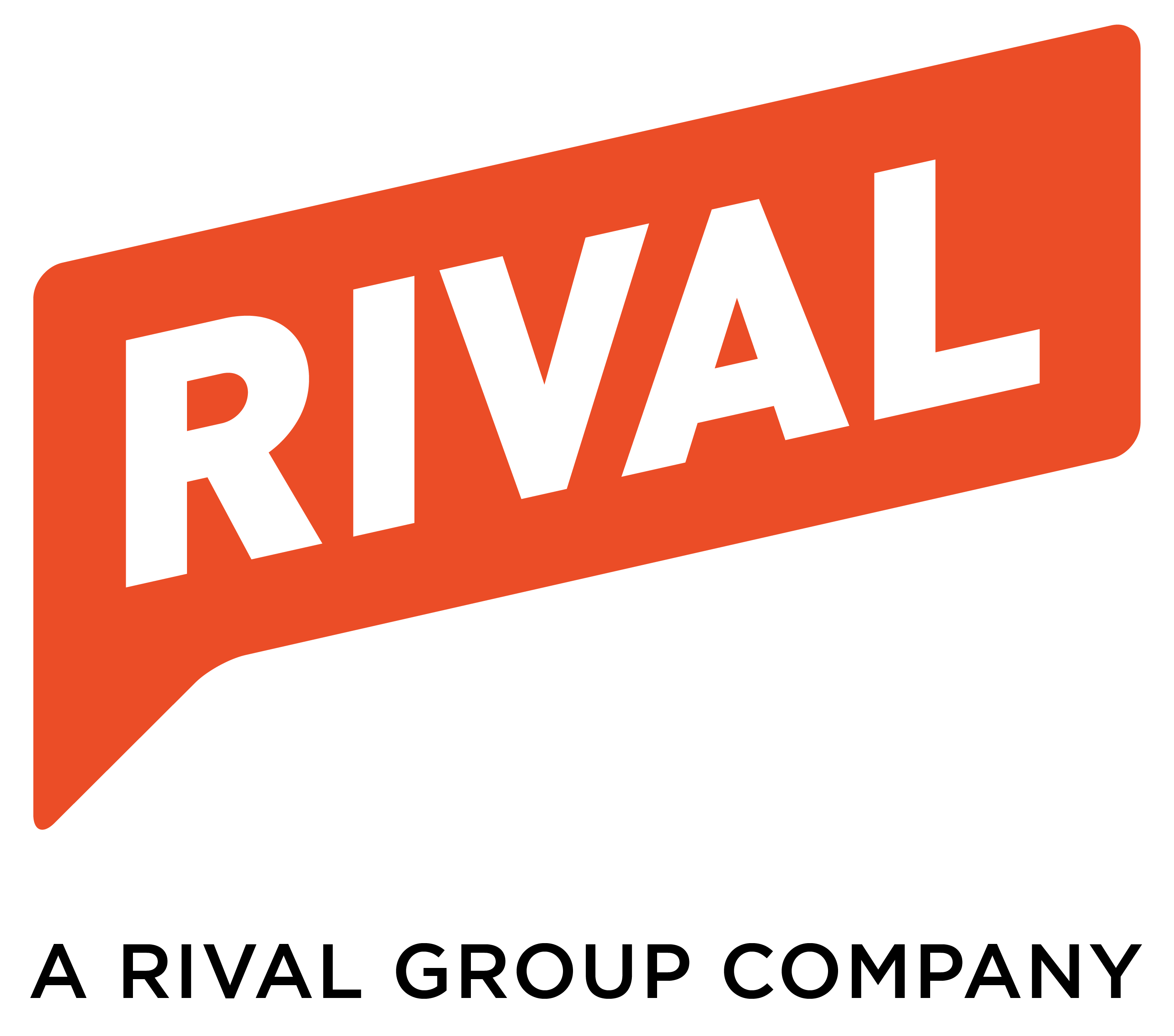 Rival Technology’s square logo. A red speech bubble on the top with the word “Rival” in white and all caps. Under the speech bubble is the text “A Rival Group Company” in black and all caps.