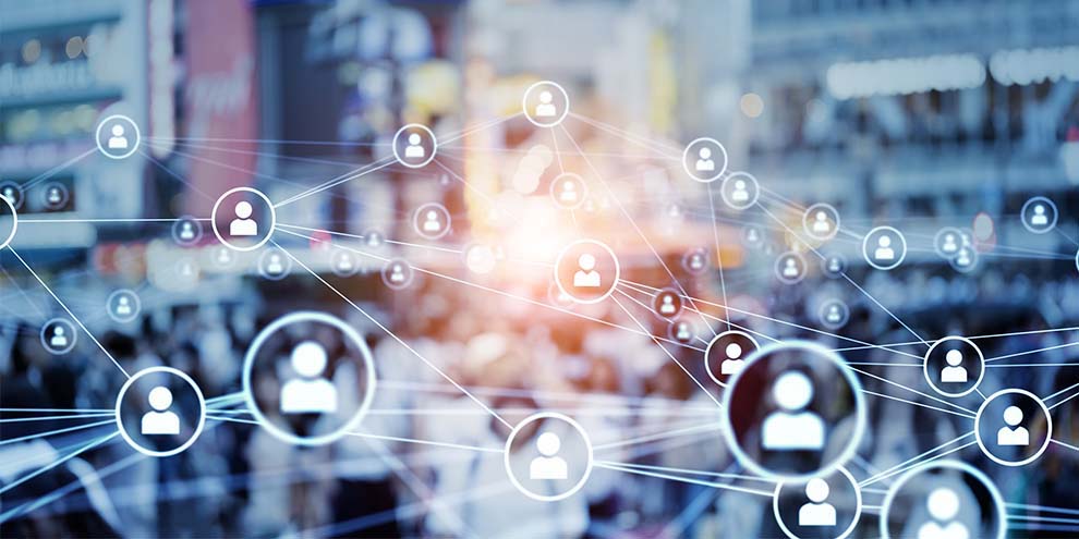 Many People Icons Connected By Lines On Blue Background