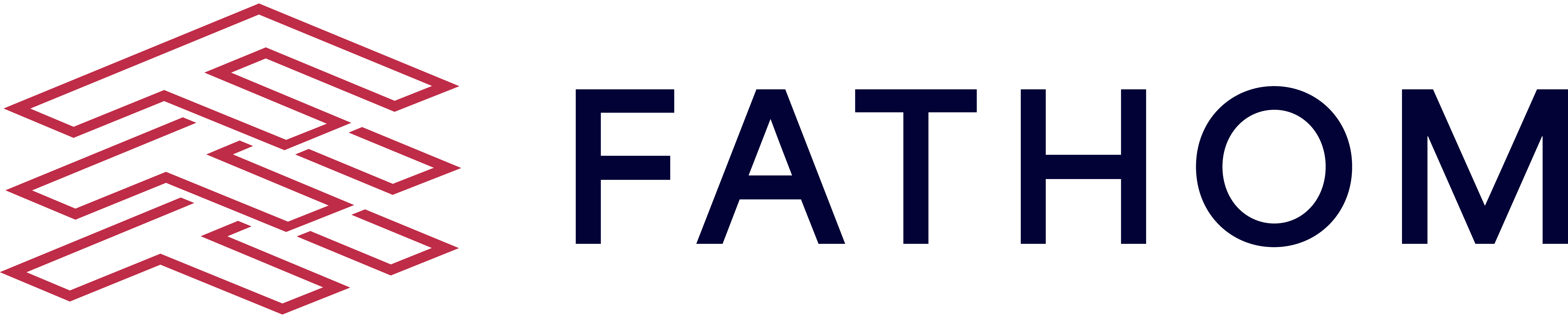 Fathom logo. On the left are three red capital Fs stacked on top of each other slightly slanted. To the right “Fathom” is written in all caps navy text.