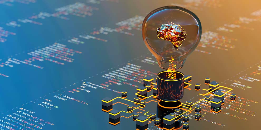Blue Gold Hue Computer Code Background Light Bulb Brain In It