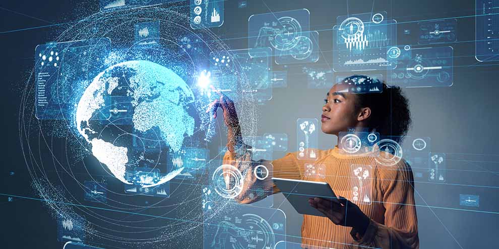 Women Looking At Data Holograph Blue Black Hues