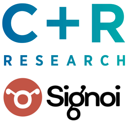 C+R Research logo on top of Signoi logo. C+R Research logo is a blue to teal hombre. The Signoi logo has a red circle with a symbol on the left and the company name written in black on the right.